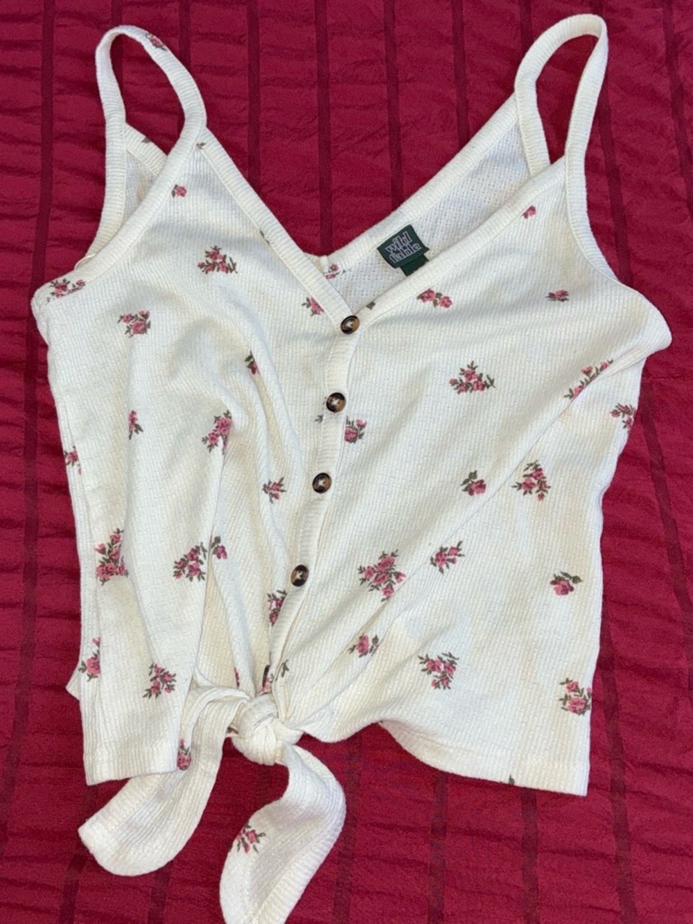 Knit Floral Button-Front Tie Cami with Pink Roses